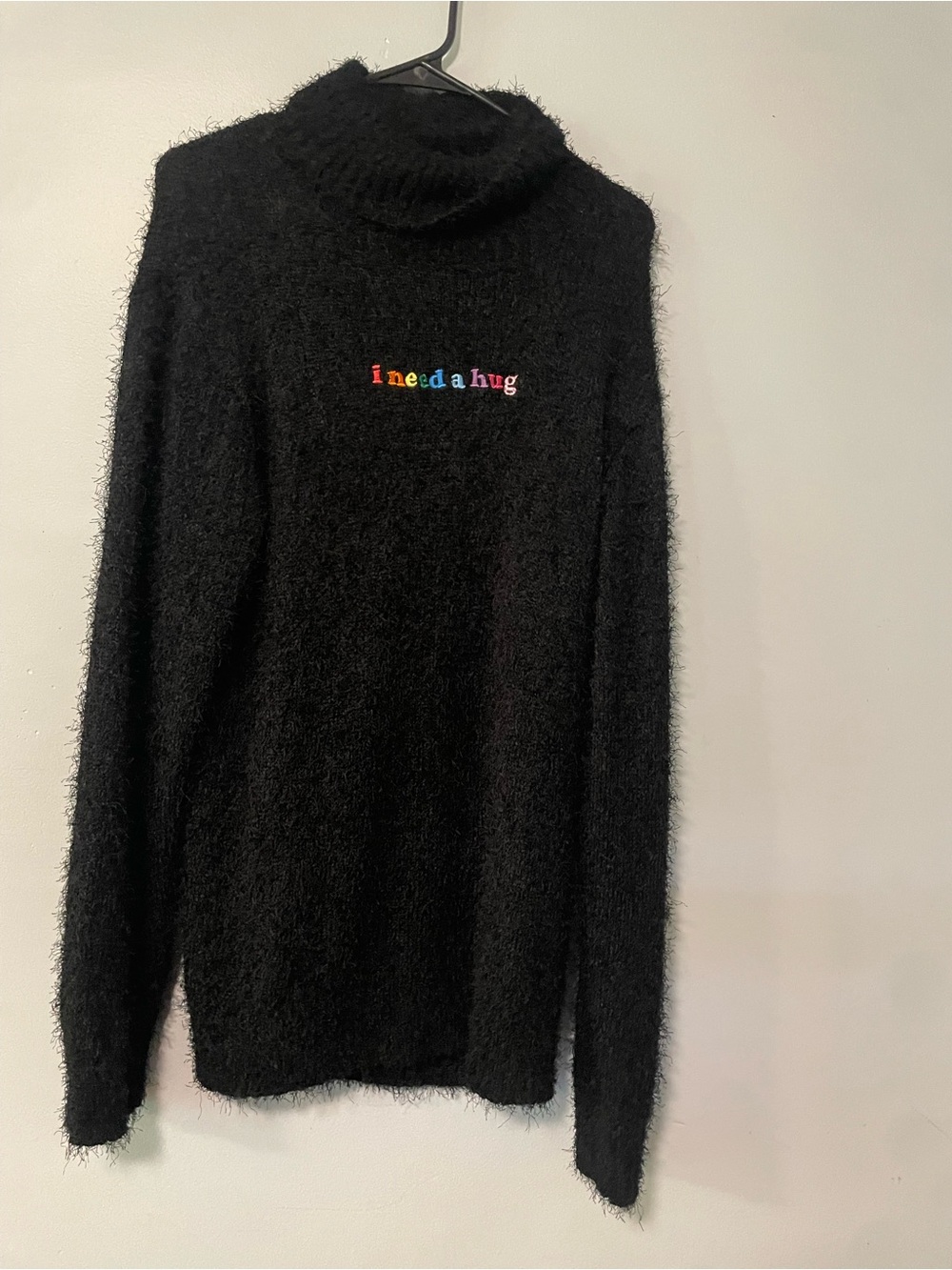 Teddy Fresh Black Fuzzy Turtleneck with Multicolor 'i need a hug' Embroidery